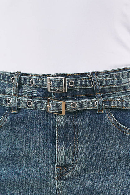6575-DOUBLE BELT DENIM SKIRT