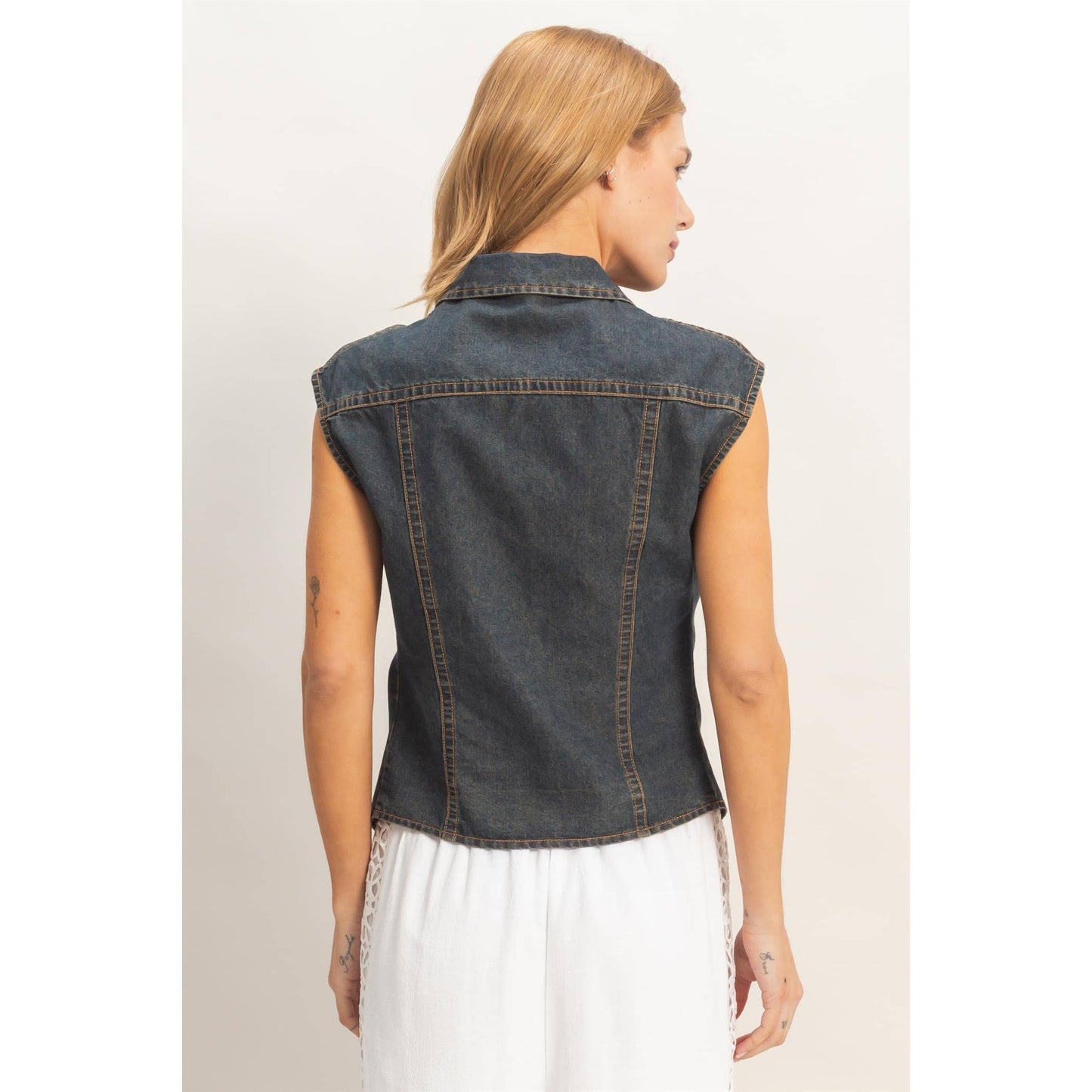 Black Sleeveless Denim Button-Up Top