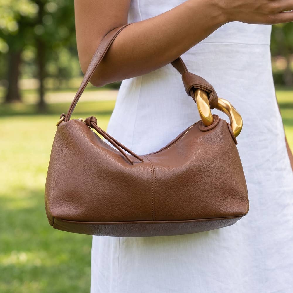 Chunky Link Handle Hobo Baguette Bag in chocolate Brown