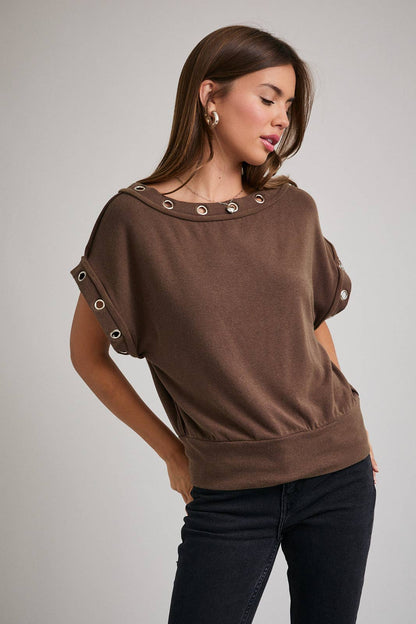 Brown Rivet Short Sleeve Top