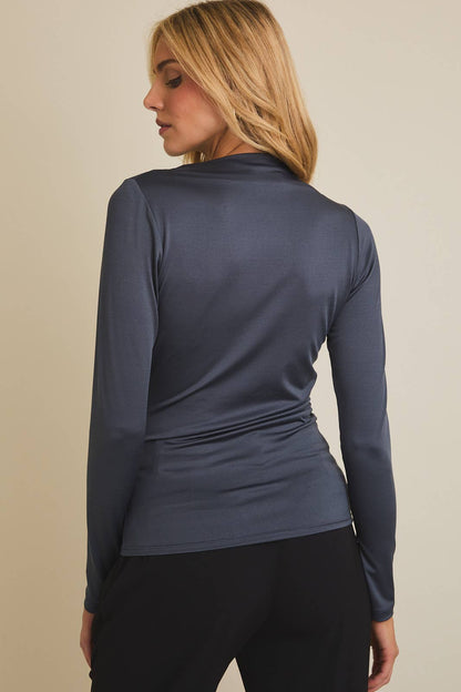 Mock Neck Indigo Long Sleeve Shirring Detail Top