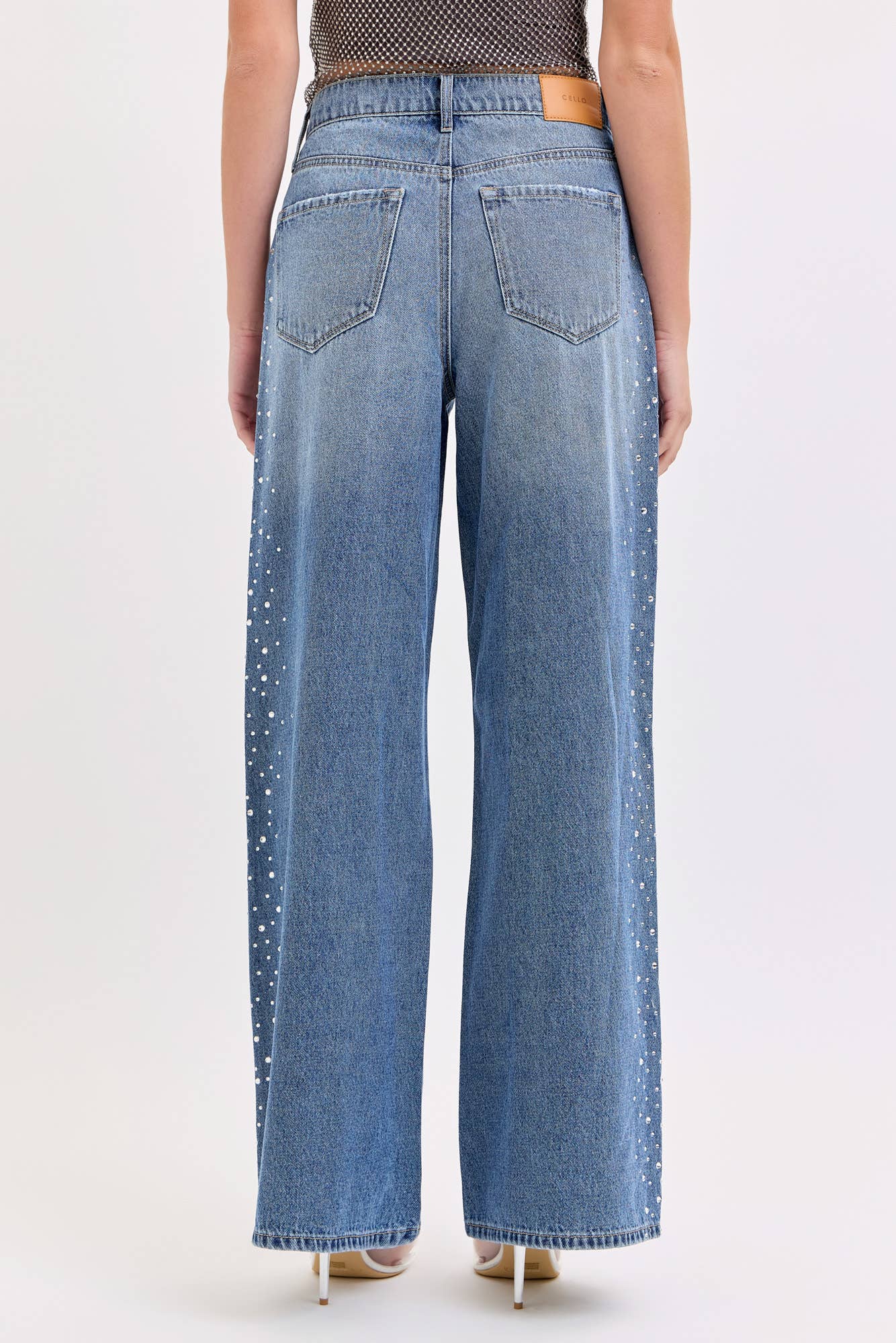 High Rise Wide Leg Rhinestone Jeans
