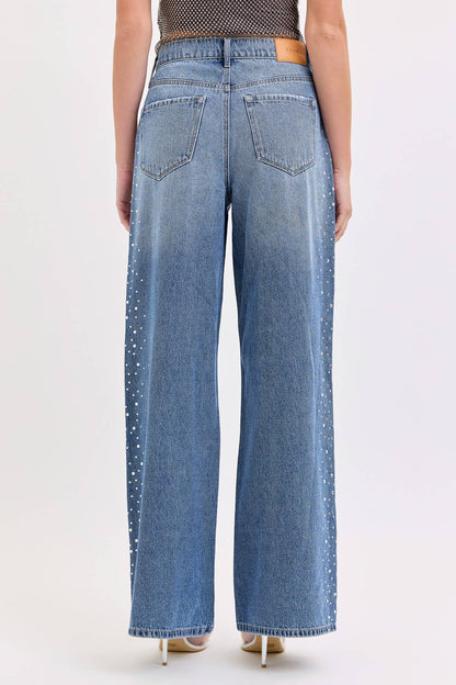 High Rise Wide Leg Rhinestone Jeans