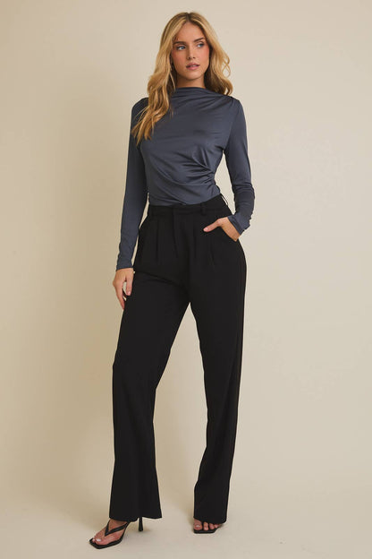 Mock Neck Indigo Long Sleeve Shirring Detail Top