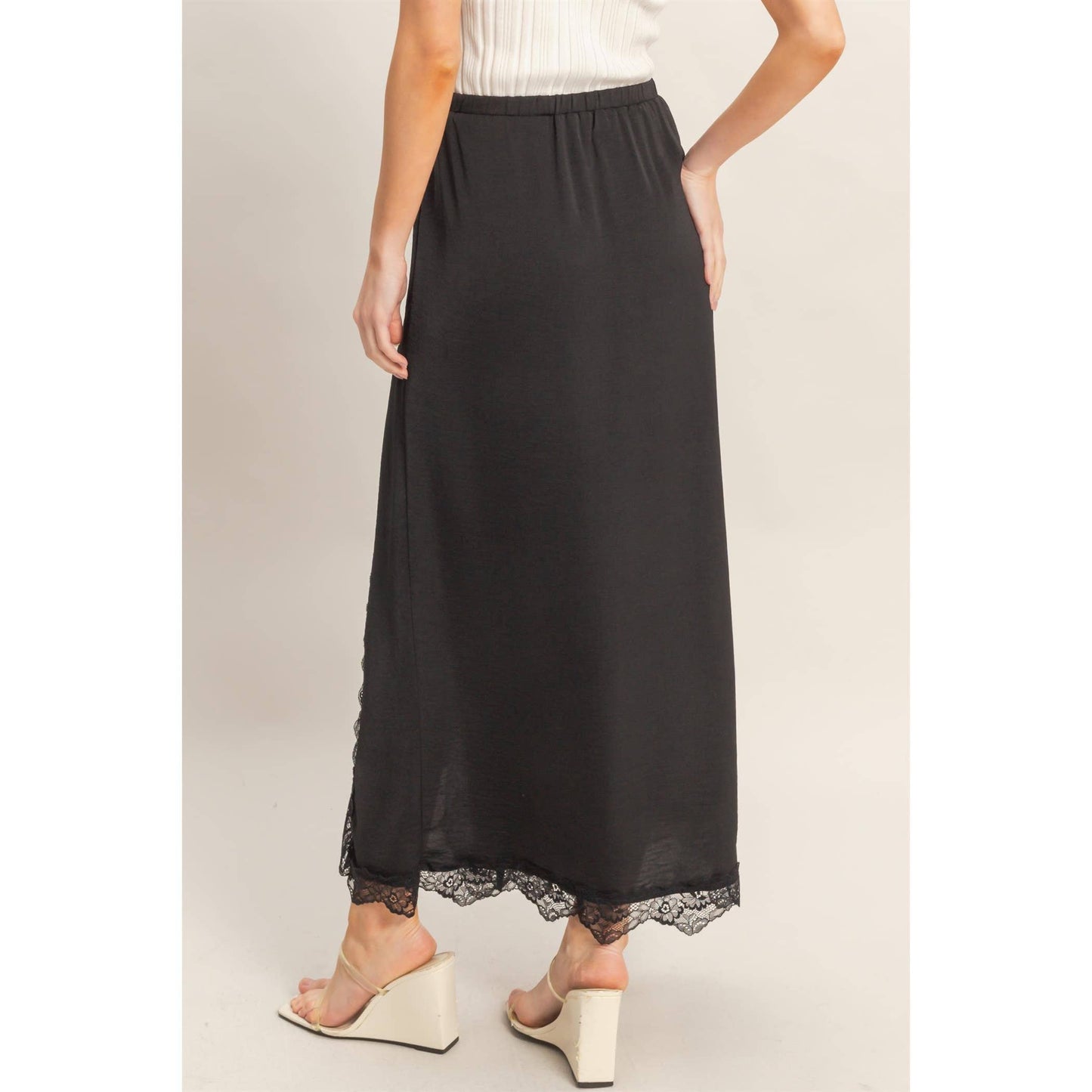 Black Skirt With Front Slit And Lace Hem
