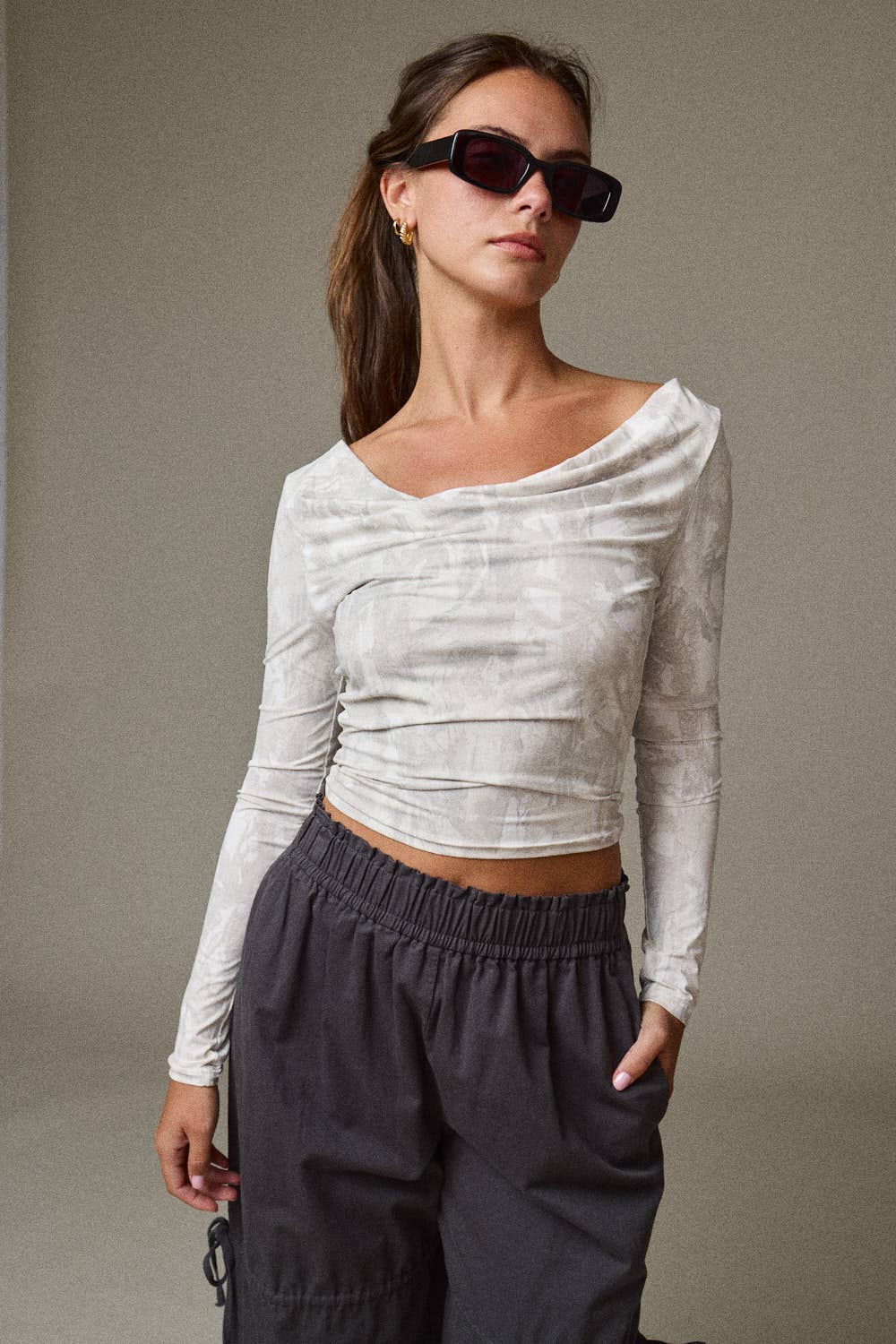Camouflage Cowl Neck Long Sleeve Top