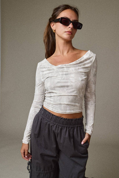 Camouflage Cowl Neck Long Sleeve Top
