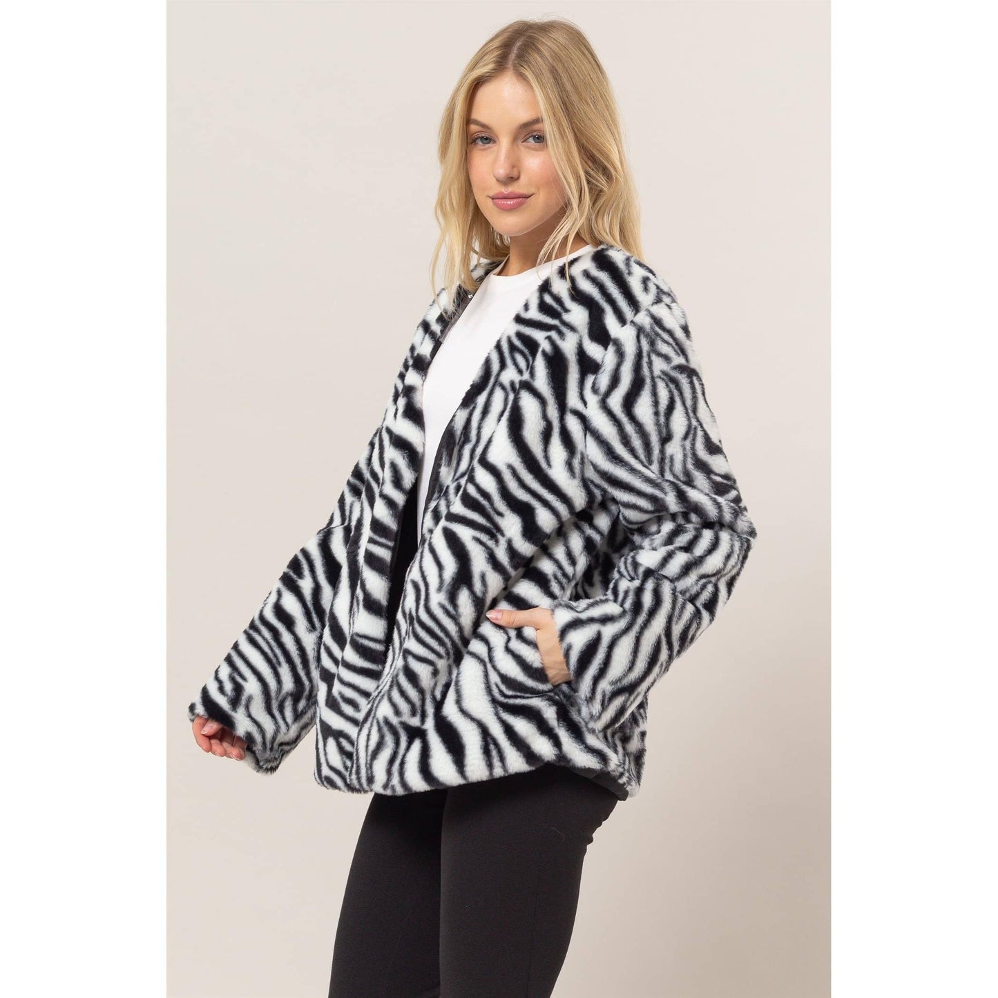 Zebra Print Faux Fur Jacket