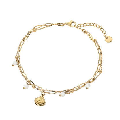 Stainless Steel Charm Pearl Charm Layered Chain Anklet