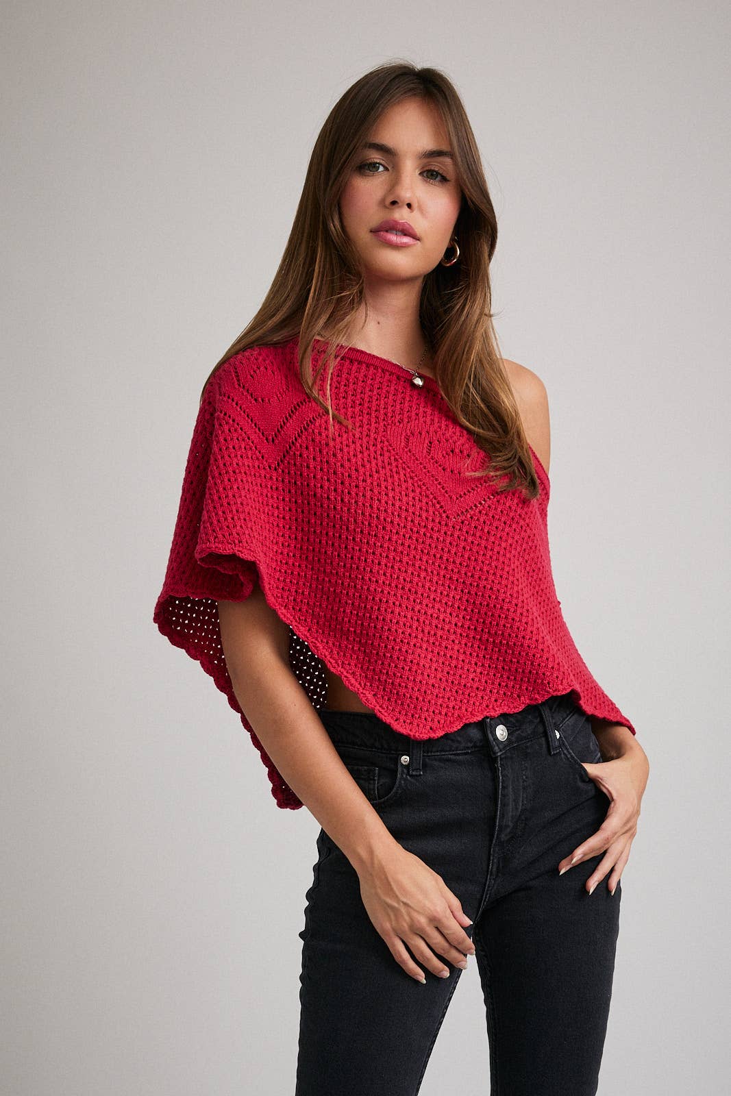 Off The Shoulder Red Crochet Poncho