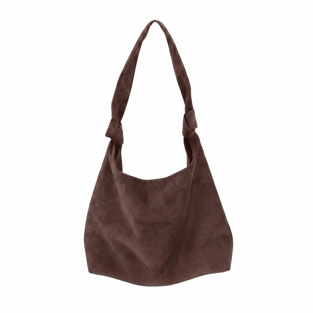 Vegan Suede Knotted Handle Hobo Shoulder Bag In Espresso