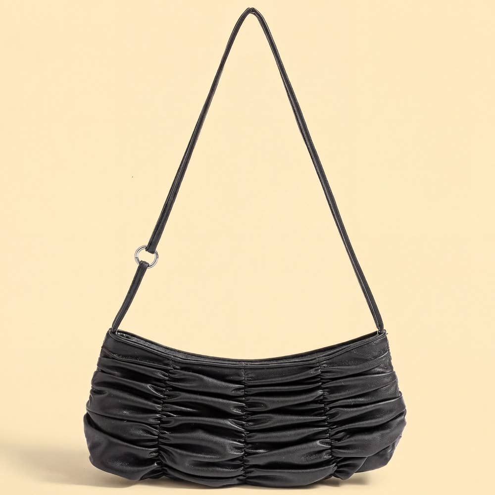 Ruched Faux Leather Baguette Shoulder Bag