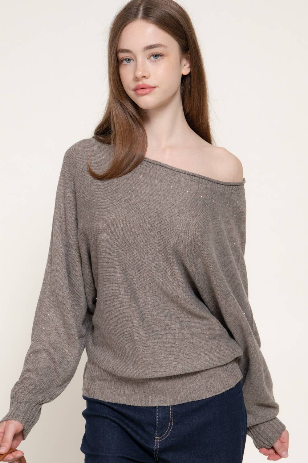 Long Sleeve Wide Boat Neck Studded Sweater