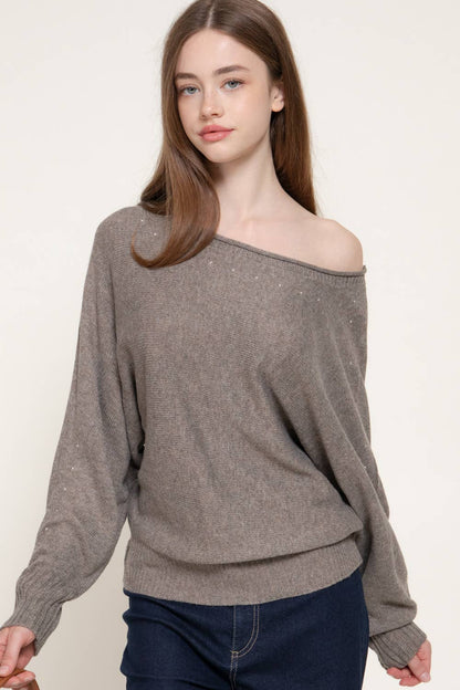 Long Sleeve Wide Boat Neck Studded Sweater