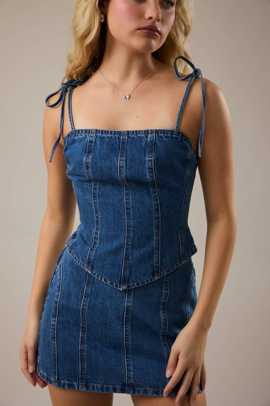 Shoulder Tie Corset Dark Denim Top