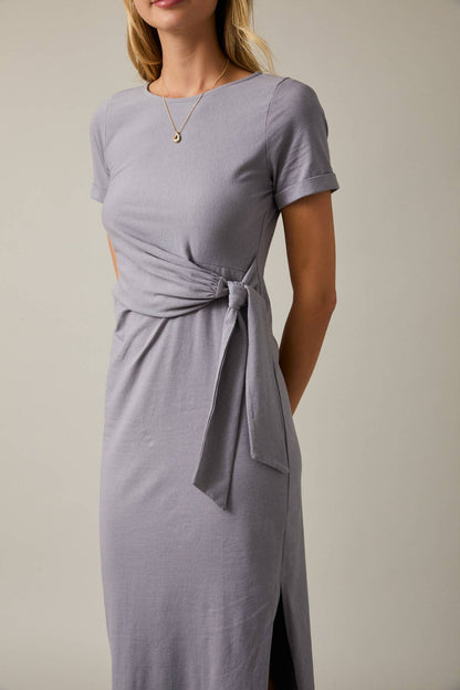 Slate Short Sleeve Waist Tie Maxi Dress