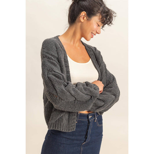 Charcoal Cable Knit Open Front Cardigan Sweater
