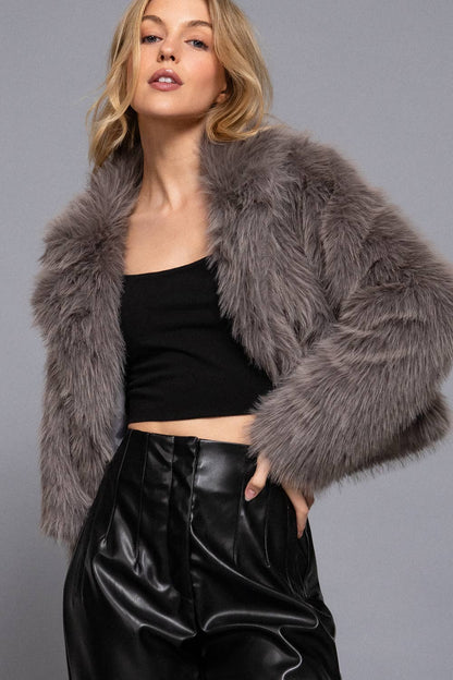 Long Sleeve Collar Faux Fur Cropped Jacket - (Brown, Charcoal, Beige)