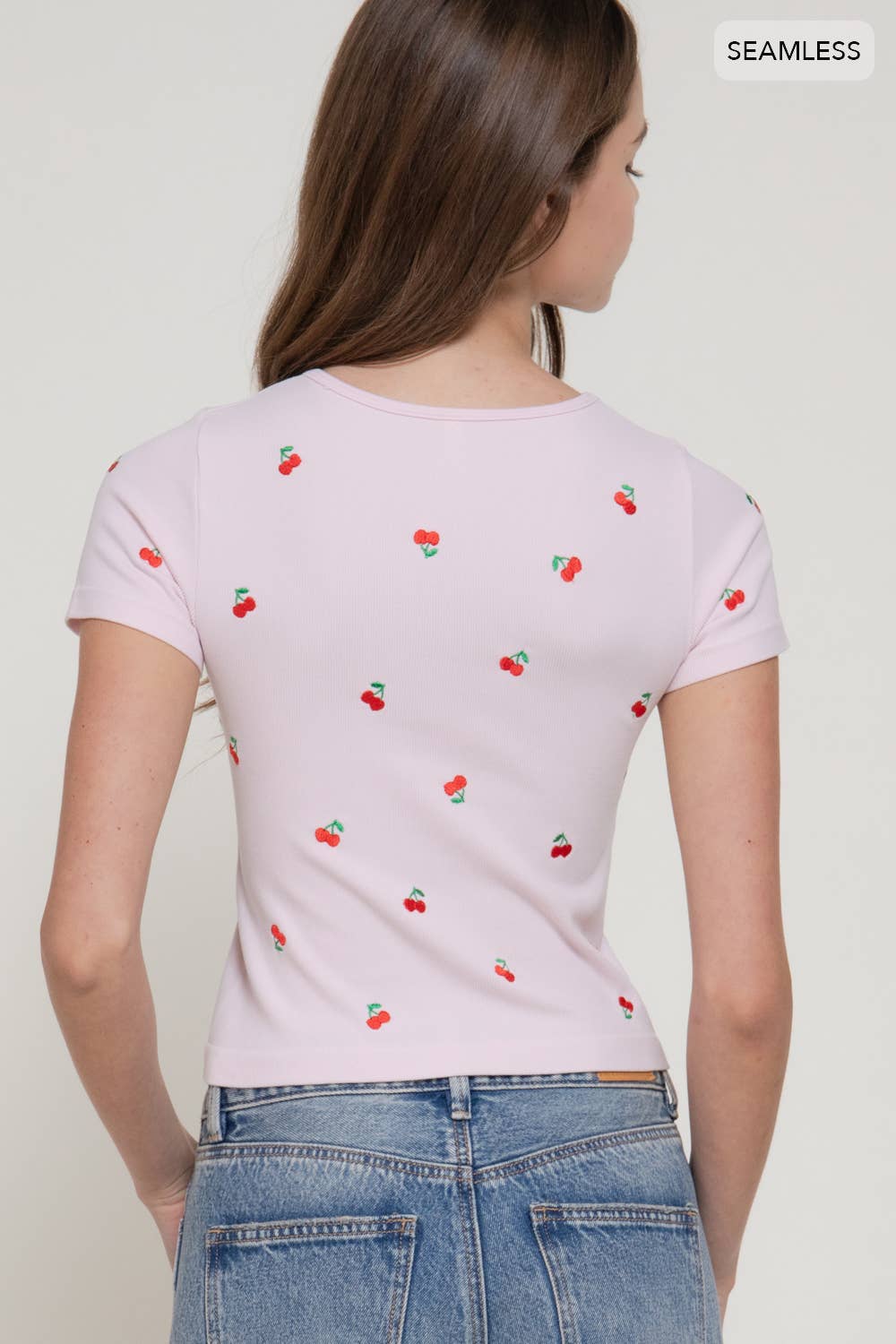 Short Sleeve Crew Neck Cherry Embroidery Detail Seamless Top