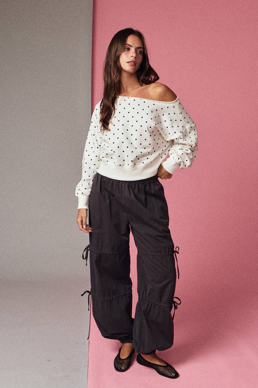 White/Black Polka Dot Off Shoulder Sweatshirt