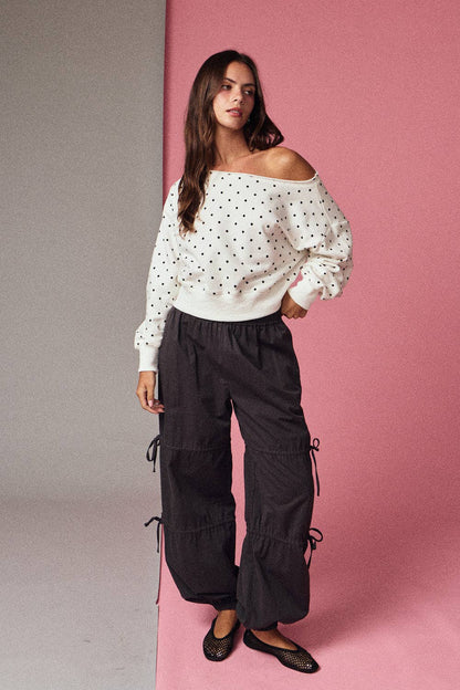 White/Black Polka Dot Off Shoulder Sweatshirt