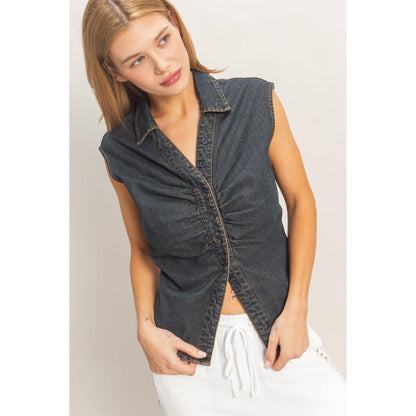 Black Sleeveless Denim Button-Up Top