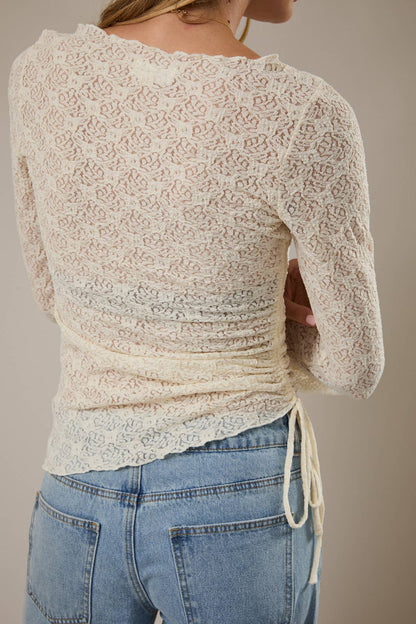 Lace Ruched Hem Bell Sleeve Top