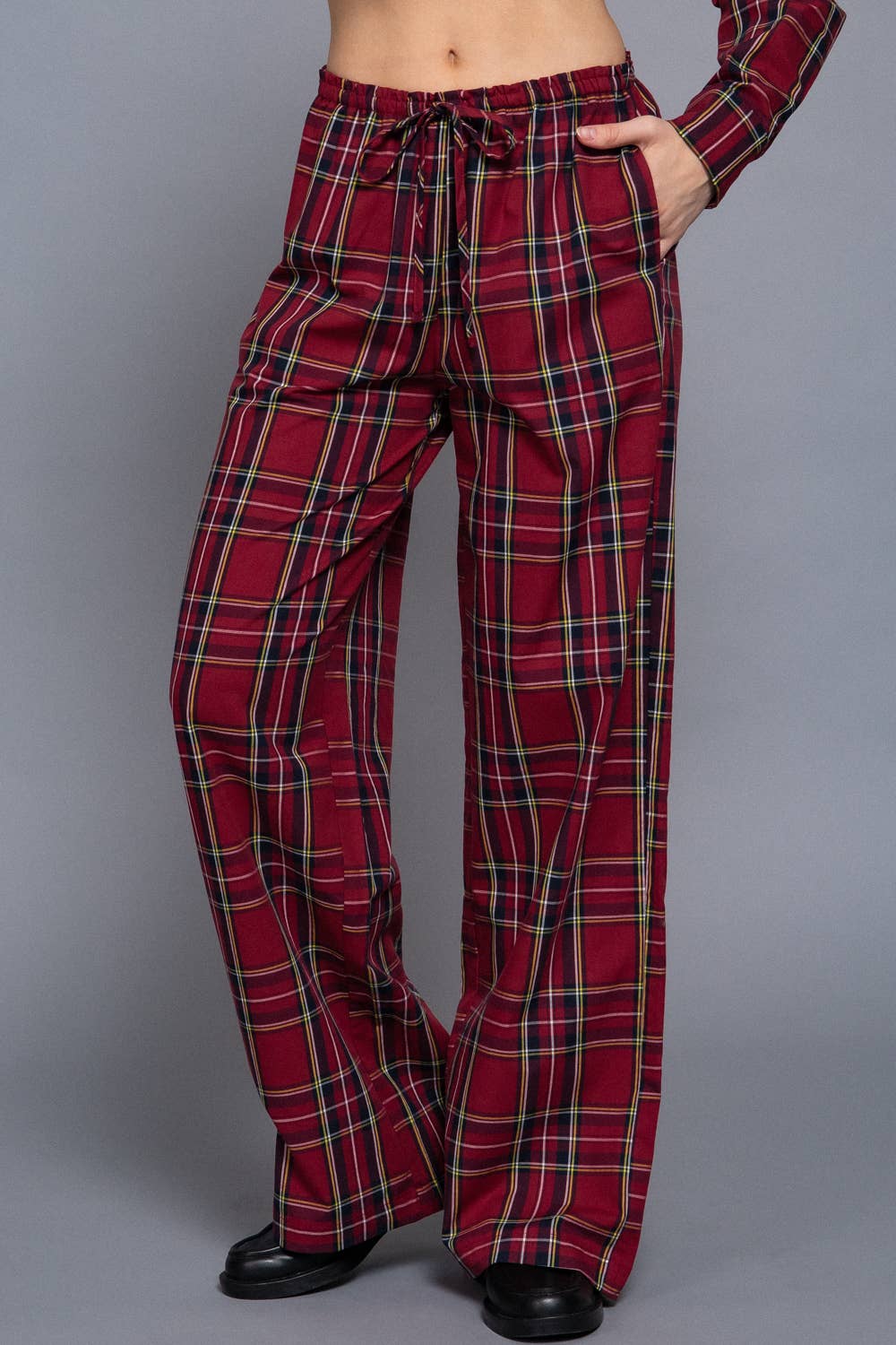 Wine Red/Navy Wide Leg Plaid PJ Pants