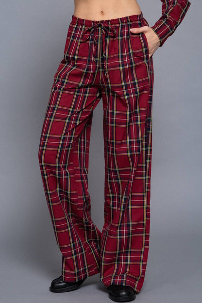 Wine Red/Navy Wide Leg Plaid PJ Pants