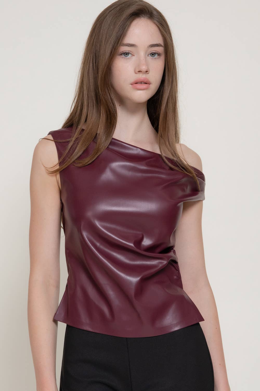 Asymmetric Faux Leather Top in Red Wine