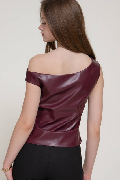 Asymmetric Faux Leather Top in Red Wine
