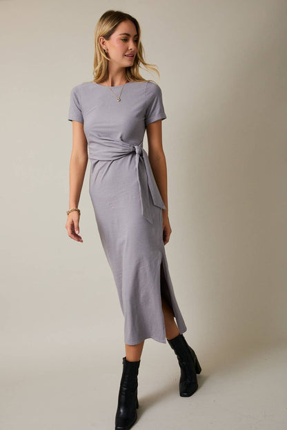Slate Short Sleeve Waist Tie Maxi Dress