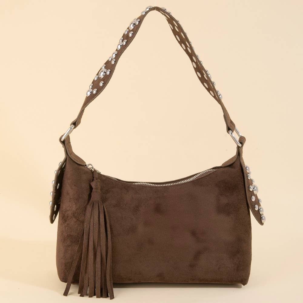 Brown Dome Studded Suede Shoulder Bag