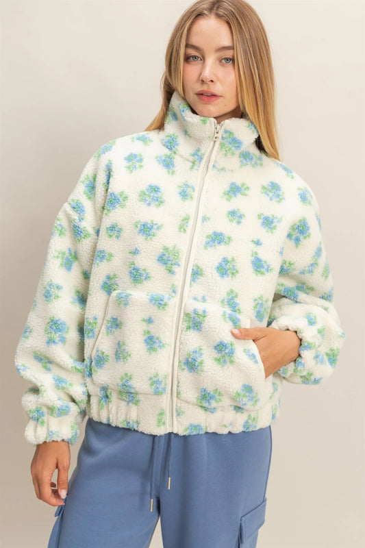 Blue/White Floral Print Sherpa Zip-Up Jacket