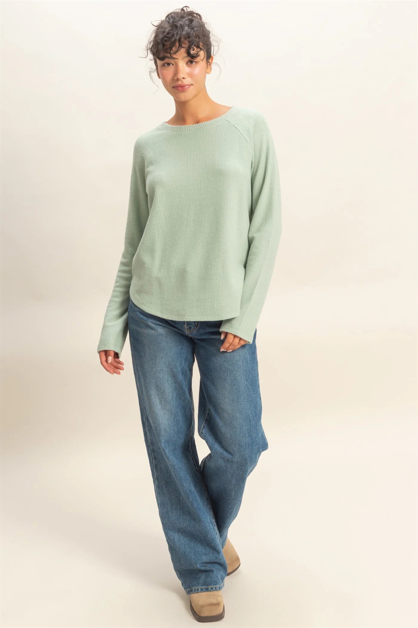 Sage Green Raglan Long Sleeve Casual Top