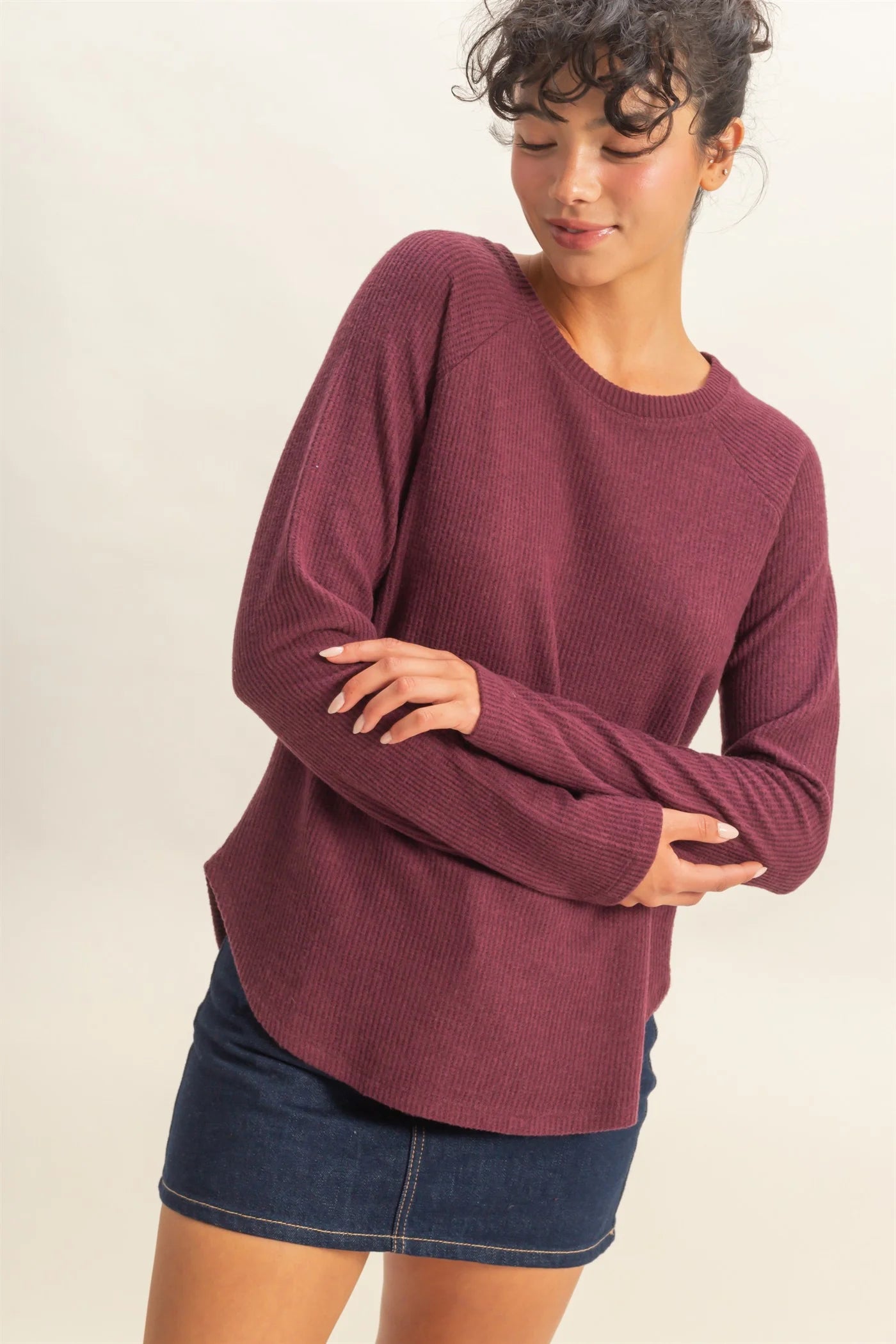 Dark Cherry Raglan Long Sleeve Casual Top