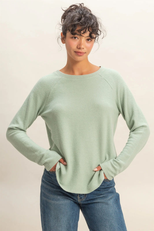 Sage Green Raglan Long Sleeve Casual Top