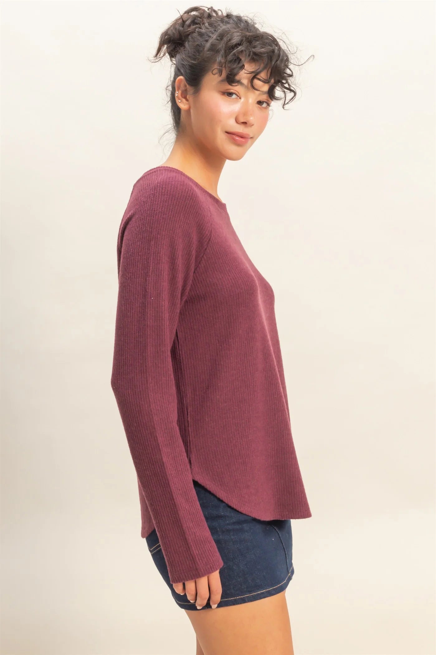 Dark Cherry Raglan Long Sleeve Casual Top