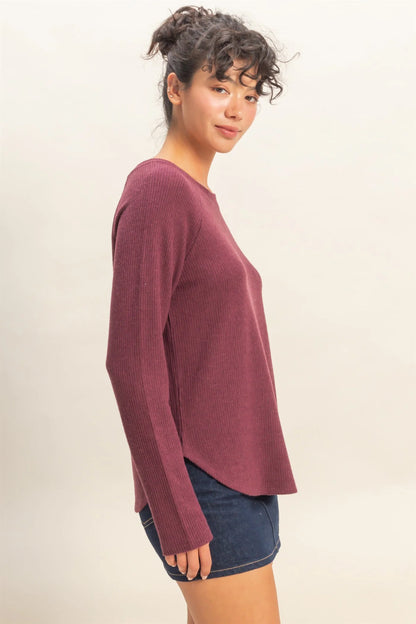 Dark Cherry Raglan Long Sleeve Casual Top
