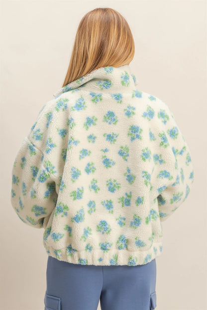 Blue/White Floral Print Sherpa Zip-Up Jacket